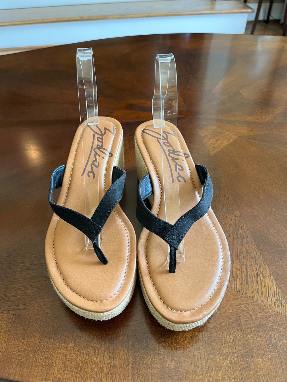 Zodiac Black and Tan Espadrille Wedge Thong